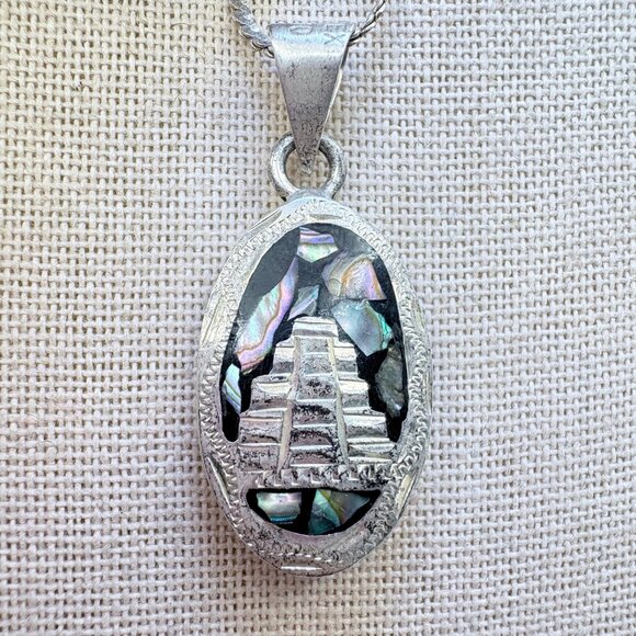 VTG Sterling Silver 925 Turquoise Abalone Reversible Pendant Necklace 23" Length - Picture 6 of 15